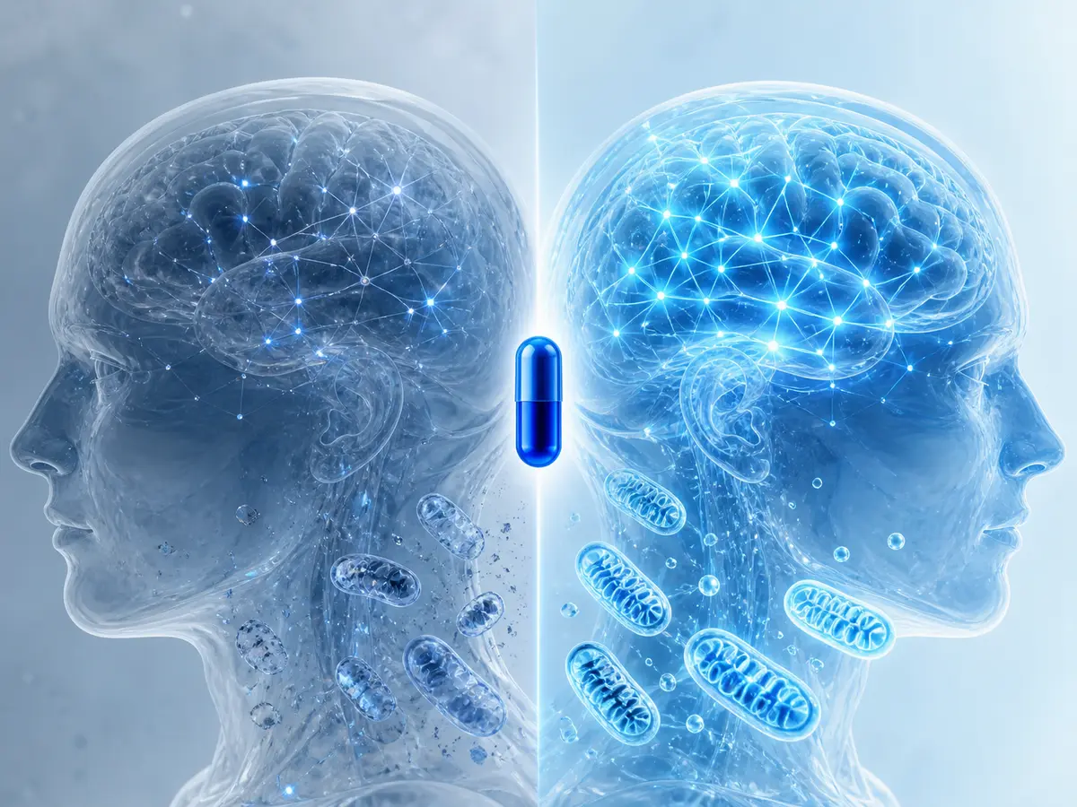 A visual comparison of dim, scattered cellular energy and bright, organized mitochondrial and neural activity