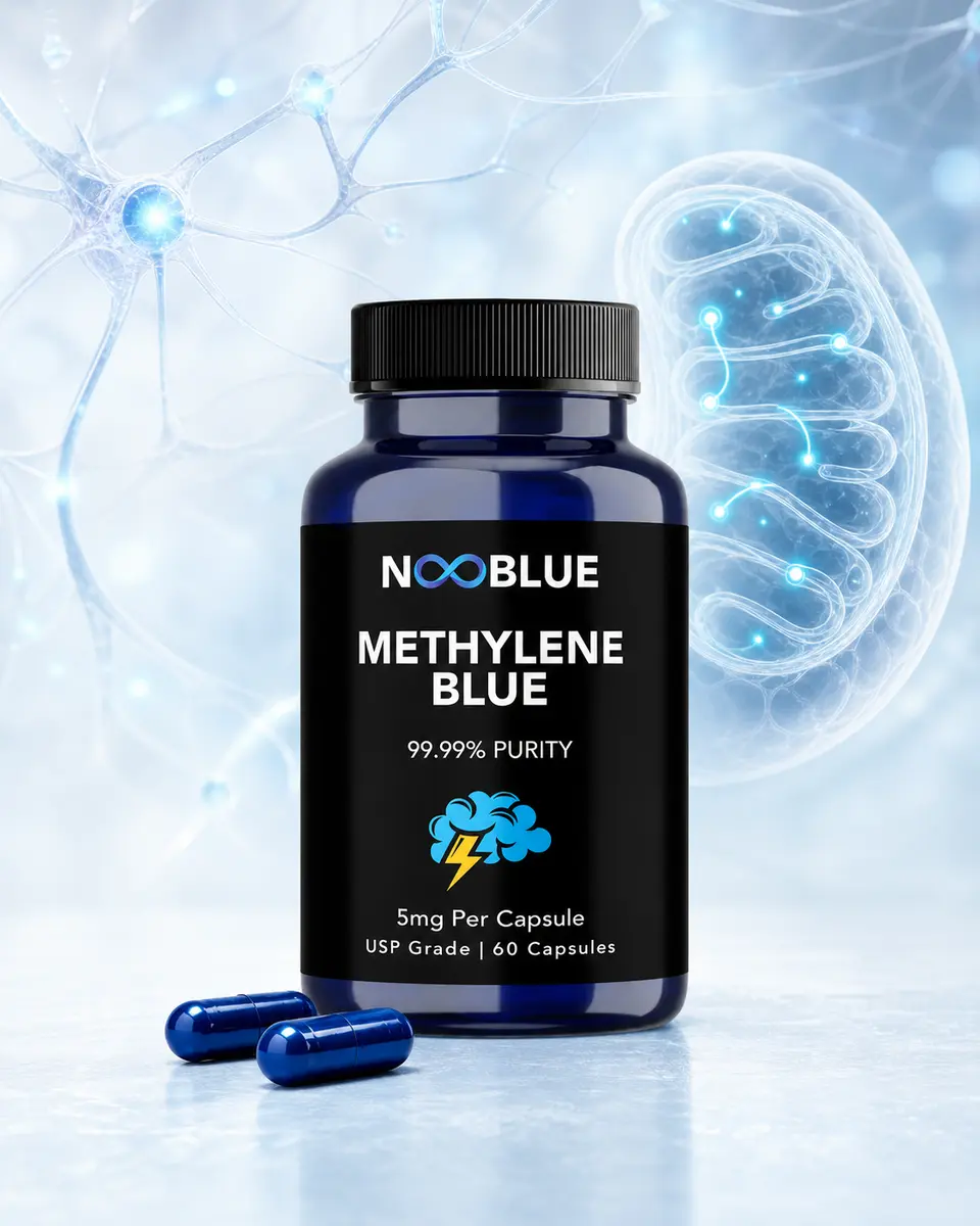 NooBlue Methylene Blue Capsules with two cobalt capsules, a translucent neural network and mitochondrial energy pathways