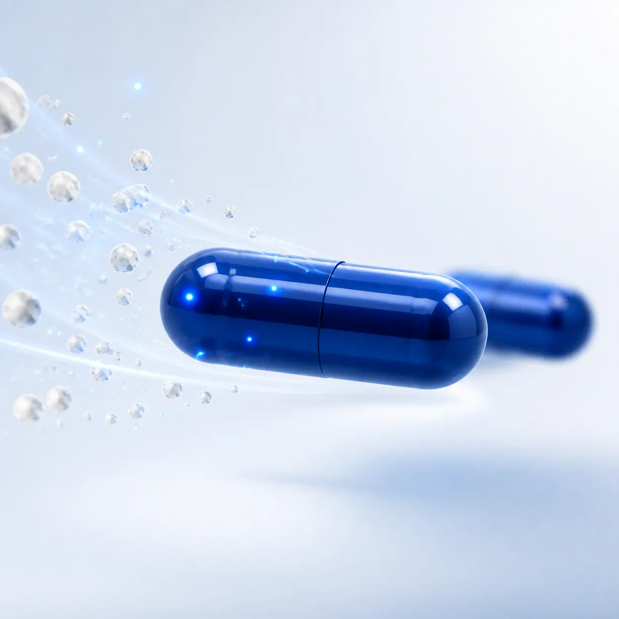 Cobalt-blue capsules with vitamin C particles and cyan electron lights