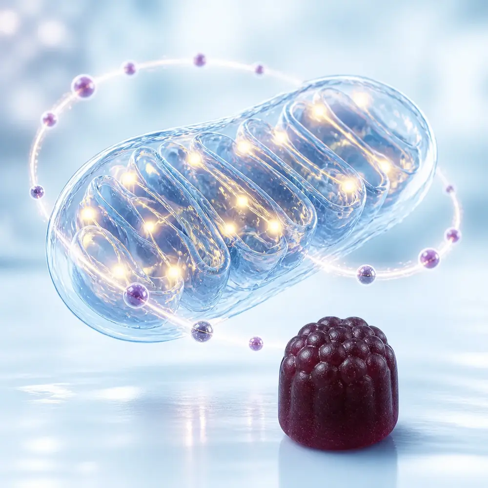Mitochondrial energy visual with a deep-purple gummy