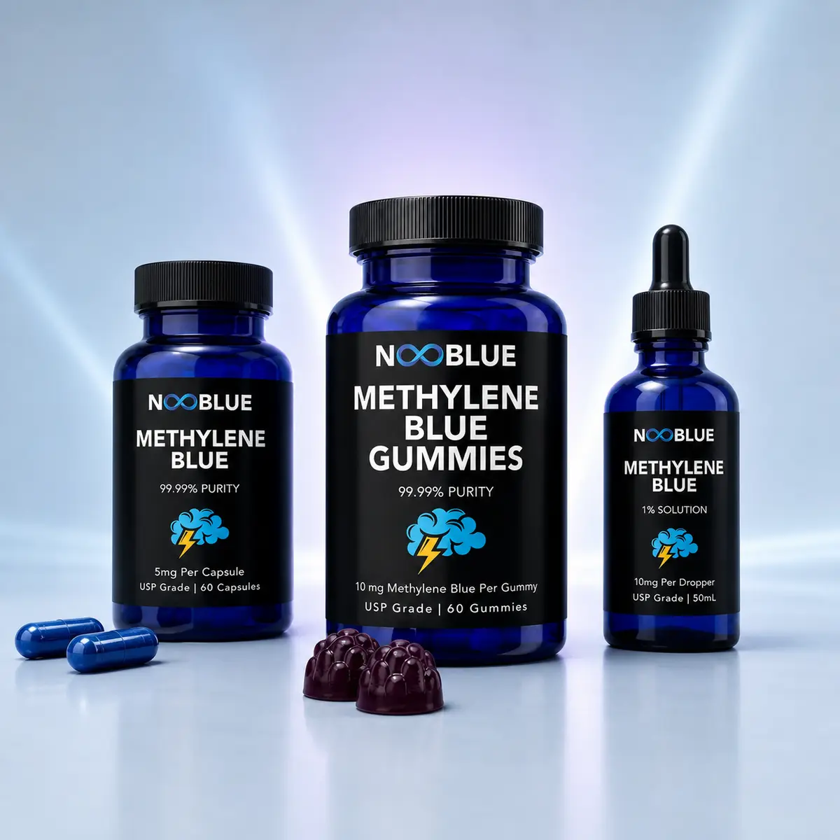 NooBlue gummies, capsules and drops shown together
