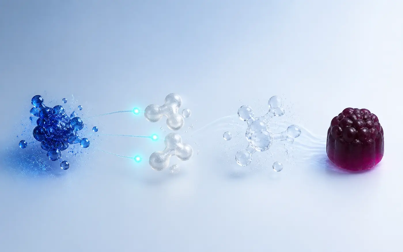Scientific visualization of cobalt-blue methylene blue receiving three cyan electrons and becoming a colorless reduced state before forming a deep-purple gummy