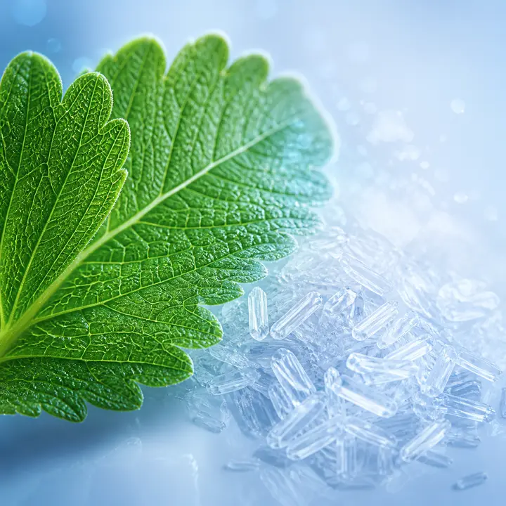 Green stevia leaf structure transitioning into fine clear crystals
