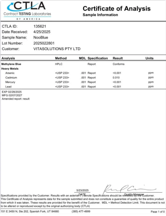 CTLA Certificate of Analysis for NooBlue methylene blue ingredient showing identity conformity and reported results for arsenic, cadmium, mercury and lead
