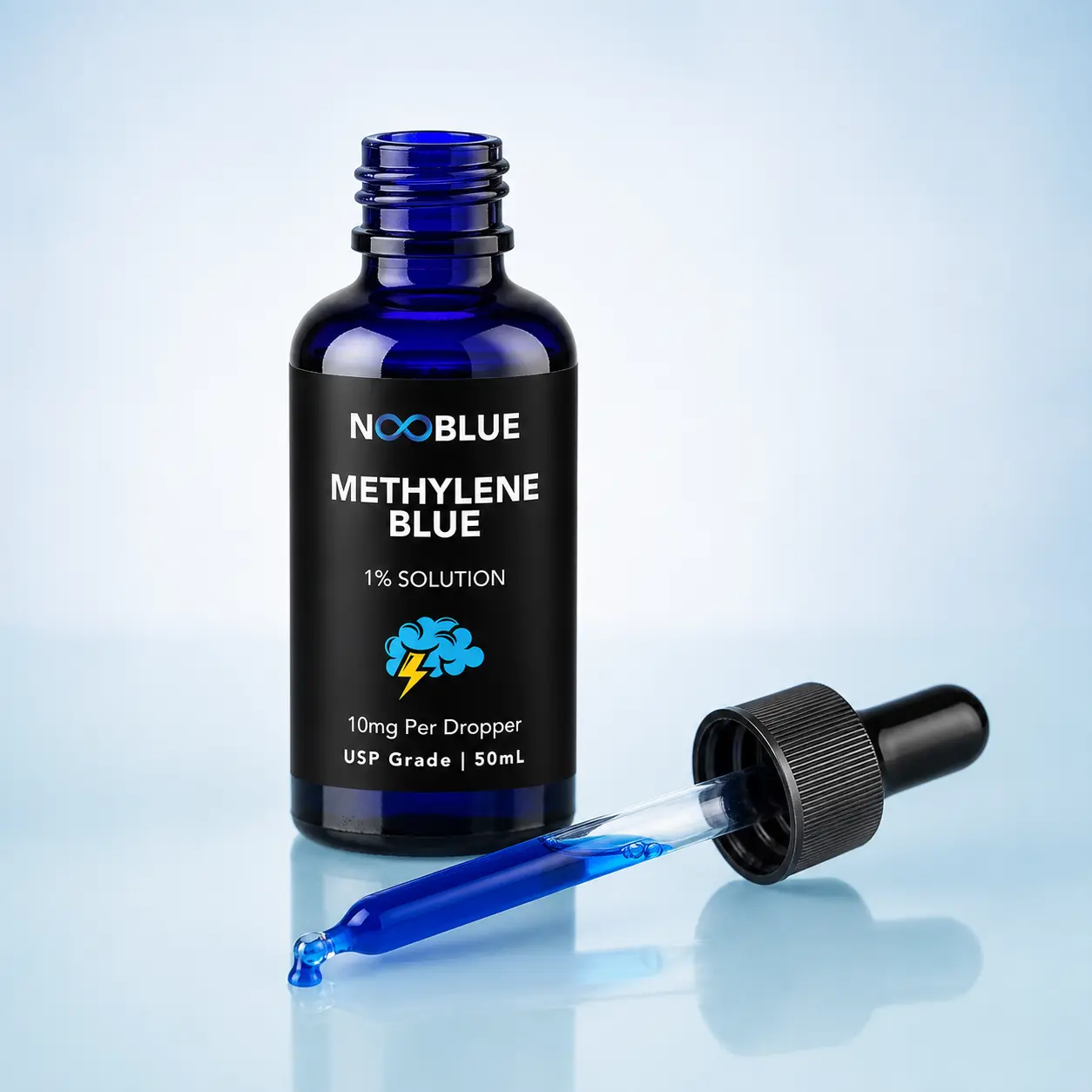 NooBlue Methylene Blue Drops bottle with a filled glass pipette