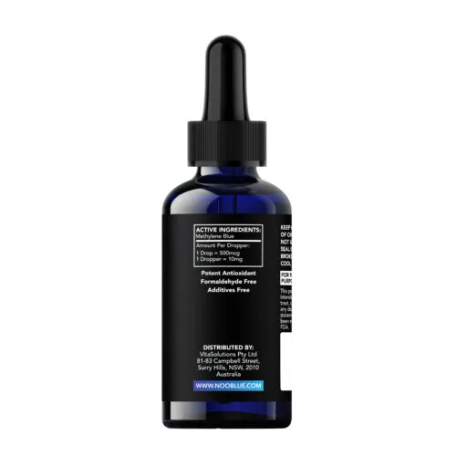 NooBlue methylene blue drops 1% USP solution – 50ml bottle side view