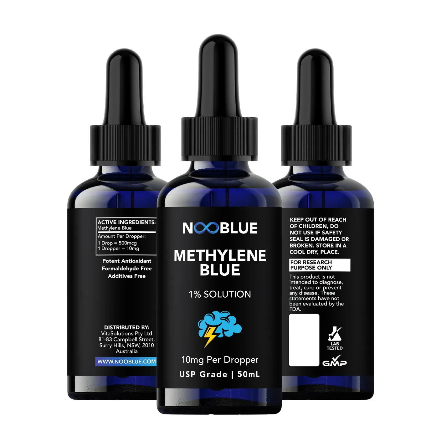 USP-grade methylene blue drops – NooBlue 1% 50ml packaging