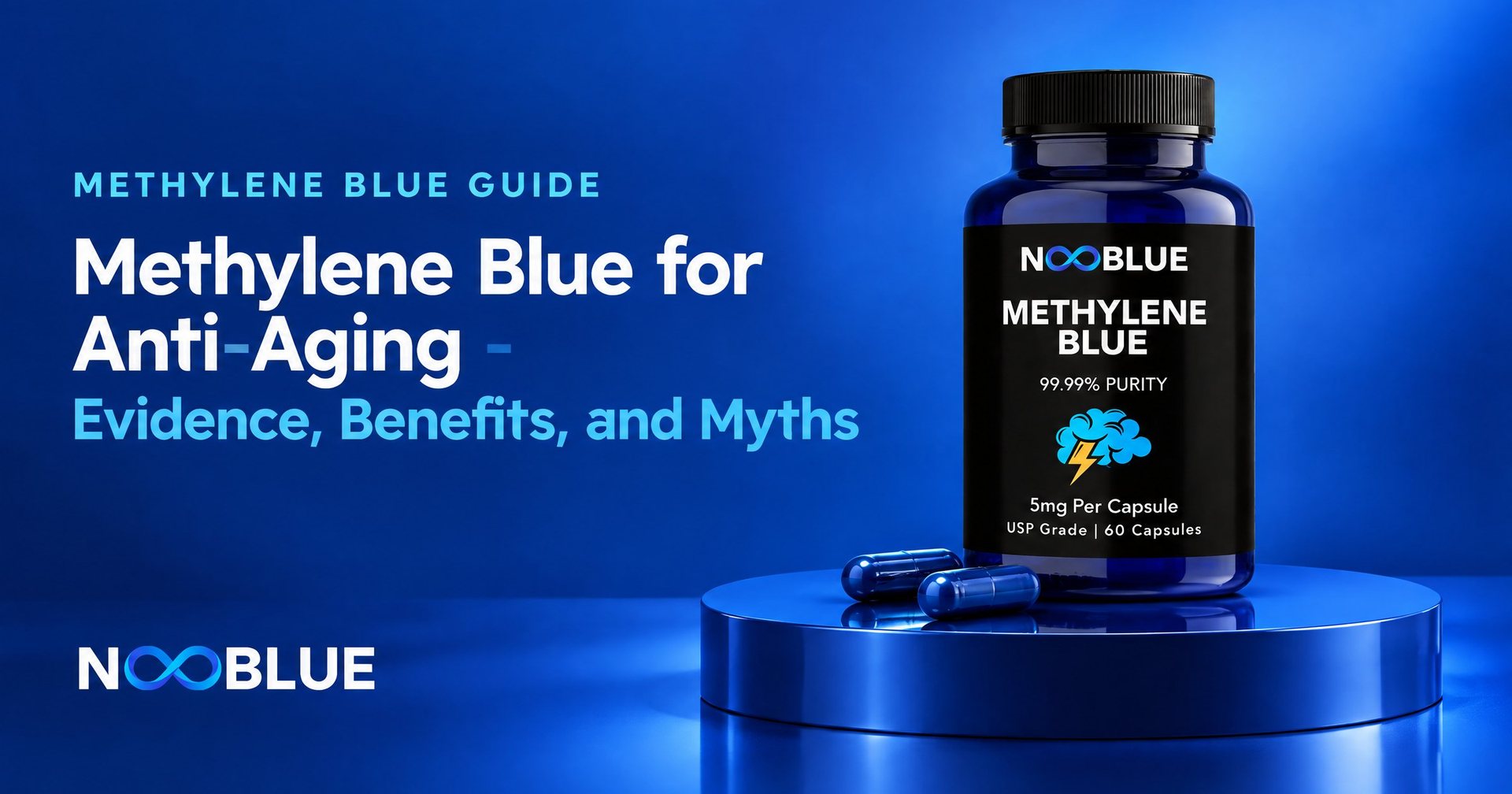 Methylene Blue for Anti-Aging - Evidence, Benefits, and Myths – NooBlue Methylene Blue Capsules 5mg bottle