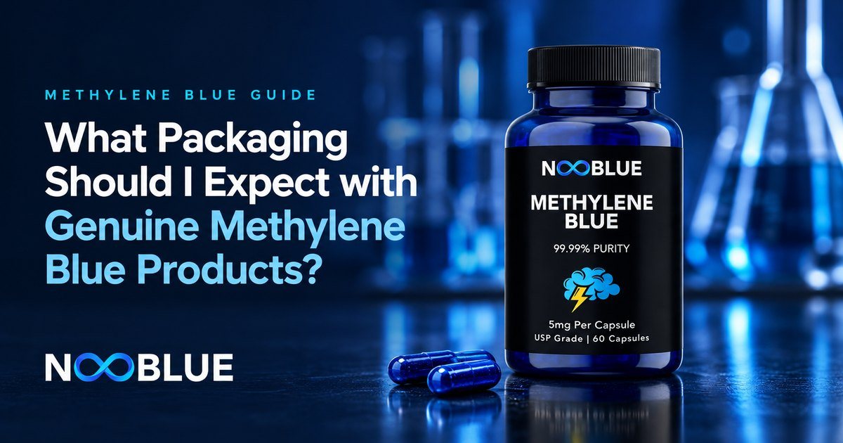 What Packaging Should I Expect with Genuine Methylene Blue Products? – NooBlue Methylene Blue Capsules 5mg bottle