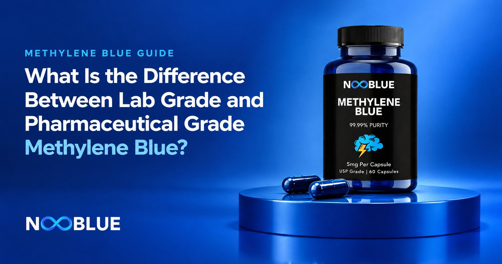 What Is the Difference Between Lab Grade and Pharmaceutical Grade Methylene Blue? – NooBlue Methylene Blue Capsules 5mg bottle