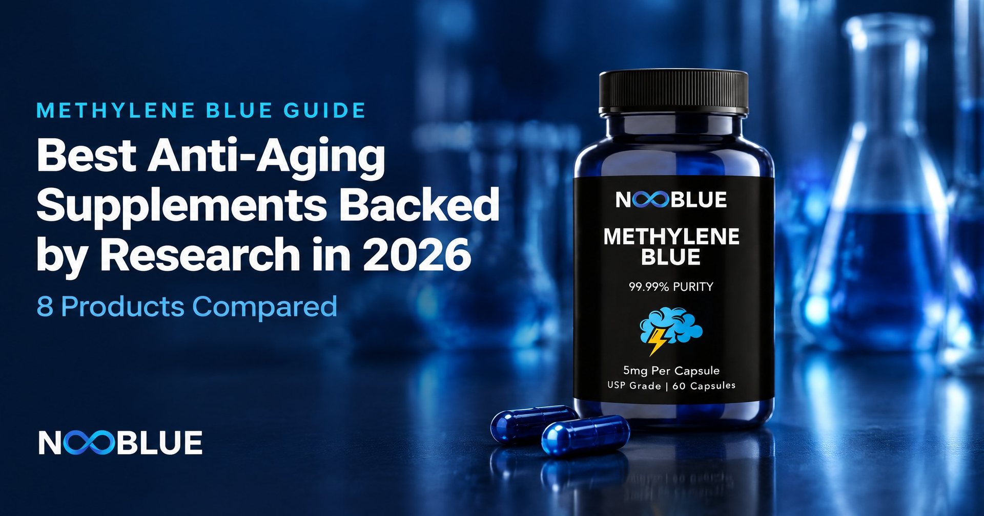 Best Anti-Aging Supplements Backed by Research in 2026: 8 Products Compared – NooBlue Methylene Blue Capsules 5mg bottle
