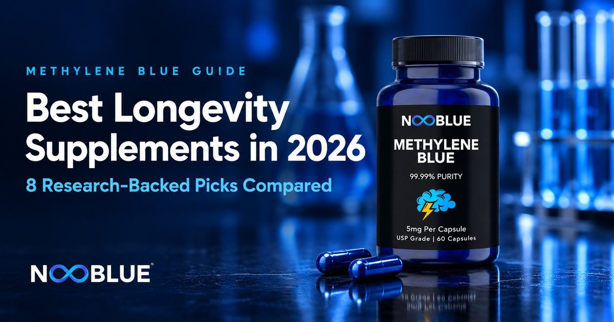 Best Longevity Supplements in 2026: 8 Research-Backed Picks Compared – NooBlue Methylene Blue Capsules 5mg bottle