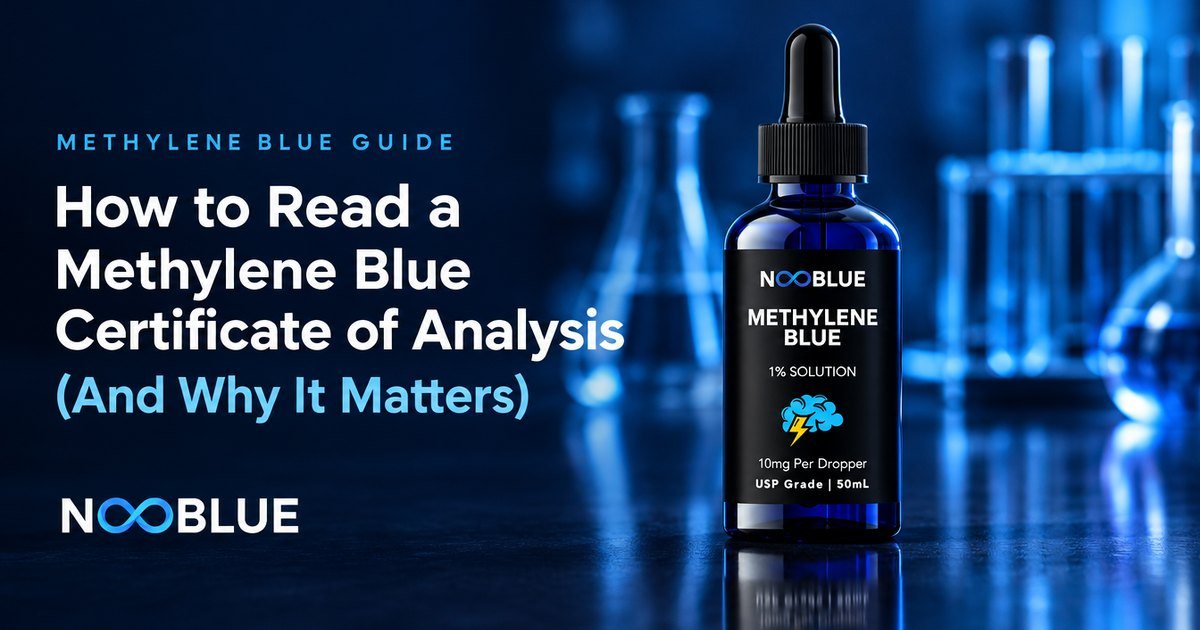 How to Read a Methylene Blue Certificate of Analysis (And Why It Matters) – NooBlue Methylene Blue 1% Solution dropper bottle