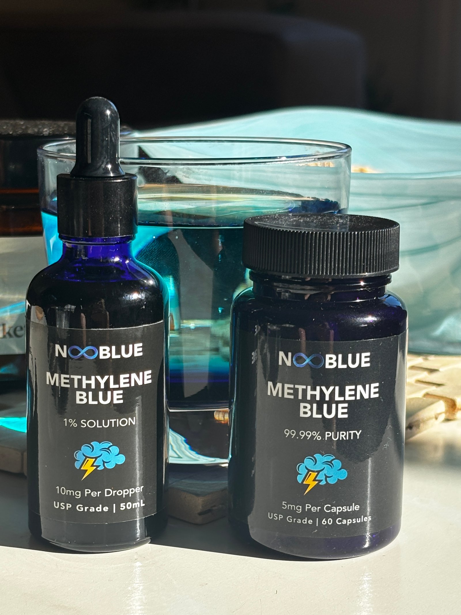 NooBlue Methylene Blue 99.99% purity USP grade label close-up