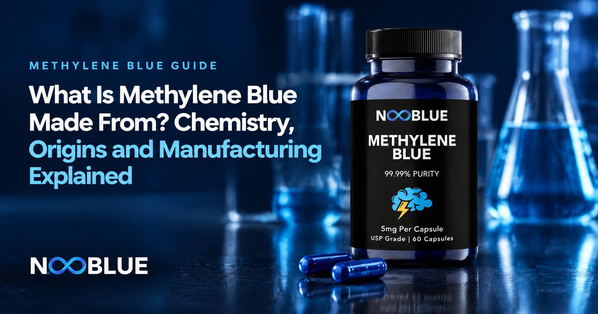 What Is Methylene Blue Made From? Chemistry, Origins and Manufacturing Explained – NooBlue Methylene Blue Capsules 5mg bottle