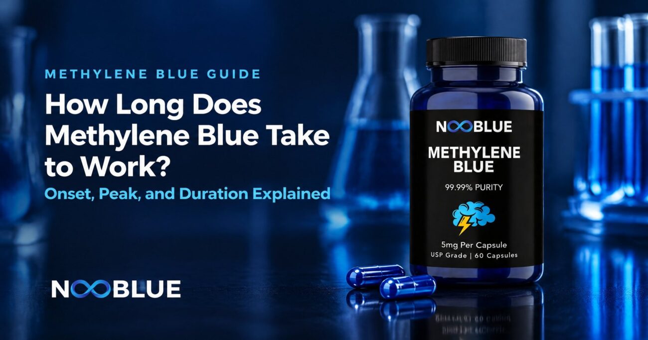 How Long Does Methylene Blue Take to Work? Onset, Peak, and Duration Explained – NooBlue Methylene Blue Capsules 5mg bottle
