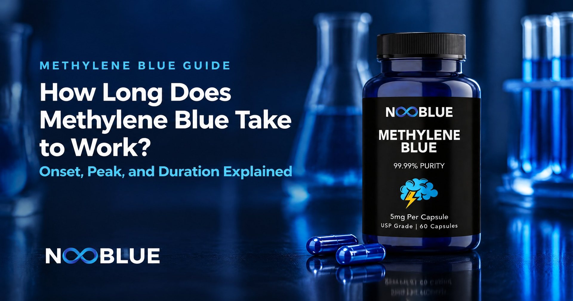 How Long Does Methylene Blue Take to Work? Onset, Peak, and Duration Explained – NooBlue Methylene Blue Capsules 5mg bottle