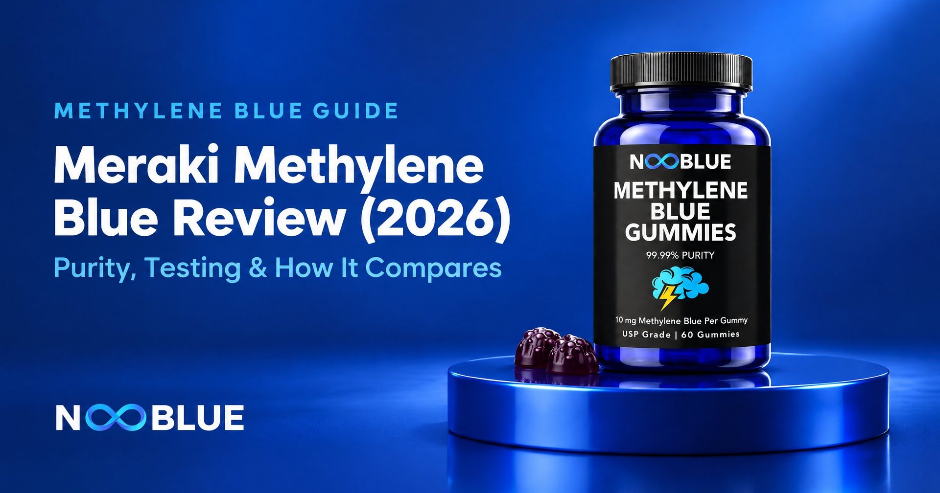 Meraki Methylene Blue Review (2026): Purity, Testing & How It Compares – NooBlue Methylene Blue Gummies bottle