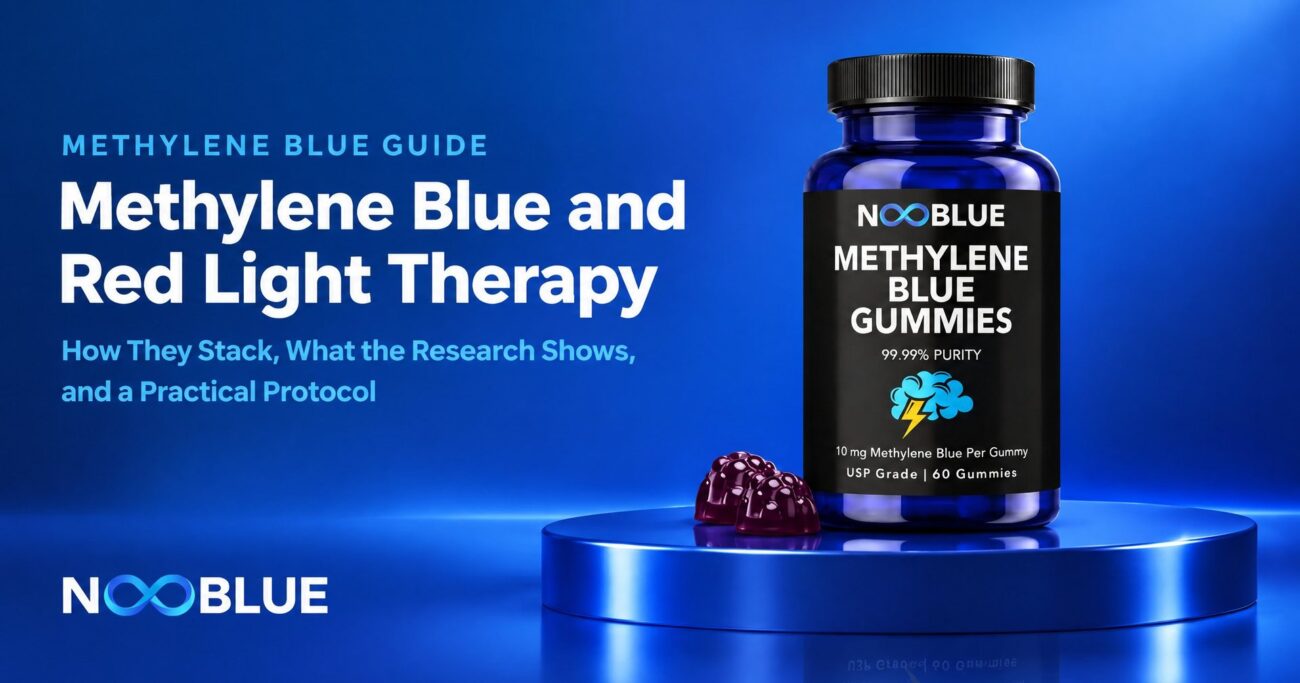 Methylene Blue and Red Light Therapy: How They Stack, What the Research Shows, and a Practical Protocol – NooBlue Methylene Blue Gummies bottle