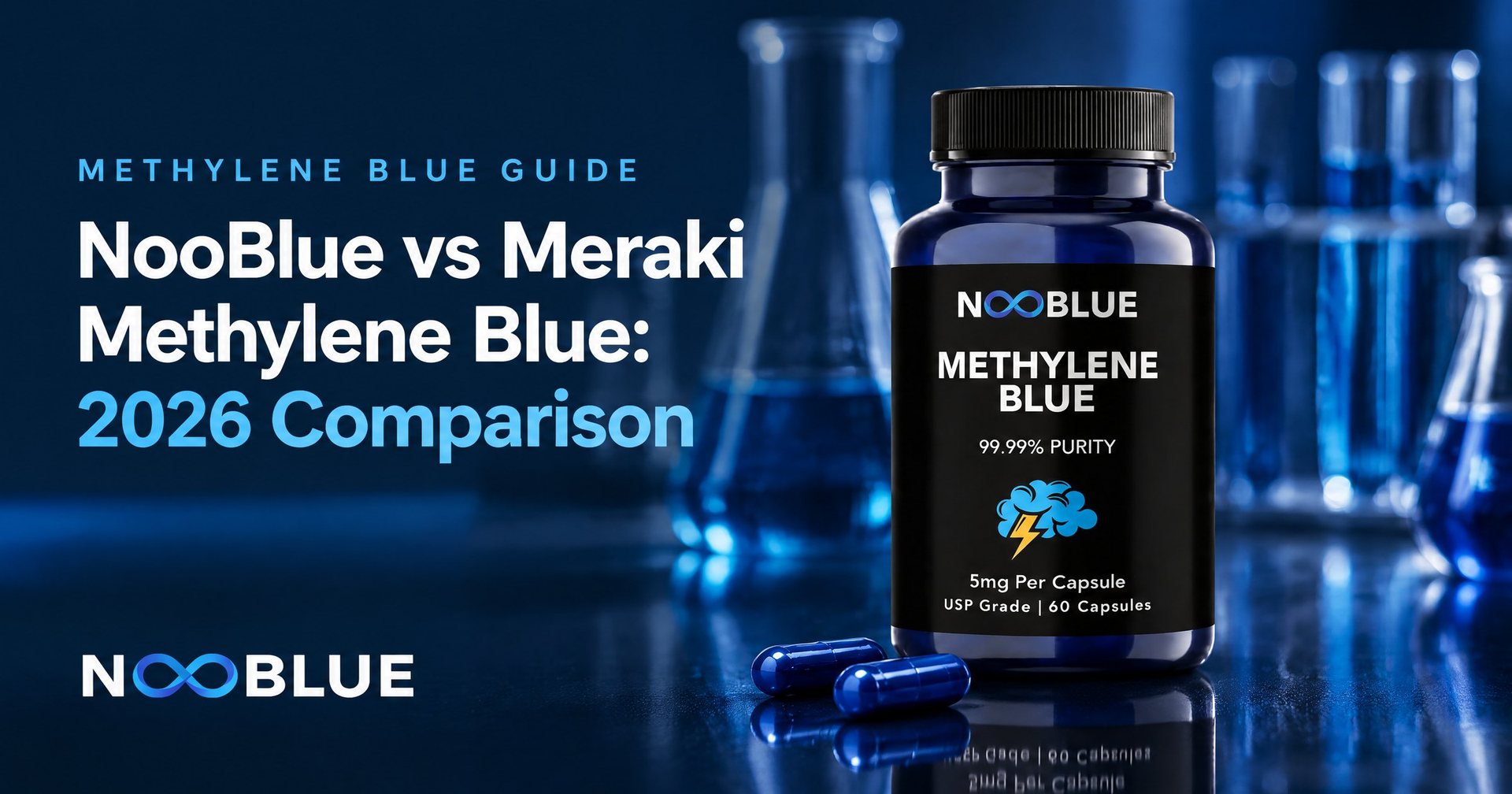 NooBlue vs Meraki Methylene Blue: 2026 Comparison – NooBlue Methylene Blue Capsules 5mg bottle