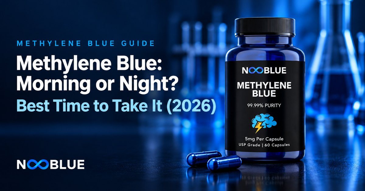 Methylene Blue: Morning or Night? Best Time to Take It (2026) – NooBlue Methylene Blue Capsules 5mg bottle