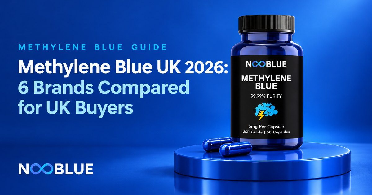 Methylene Blue UK 2026: 6 Brands Compared for UK Buyers – NooBlue Methylene Blue Capsules 5mg bottle