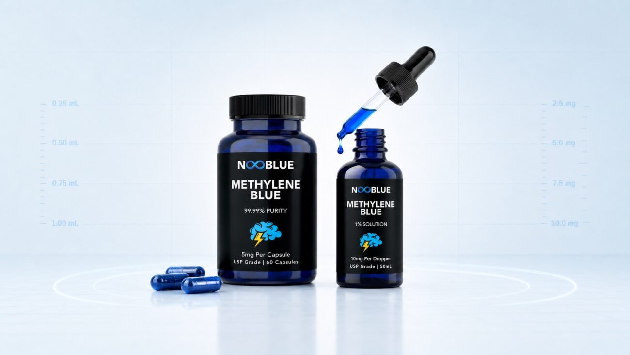Methylene blue dosage guide with NooBlue liquid drops and capsules