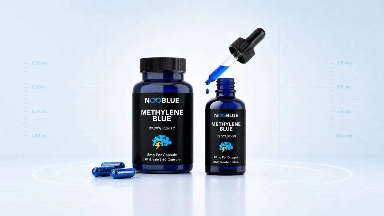 Methylene blue dosage guide with NooBlue liquid drops and capsules