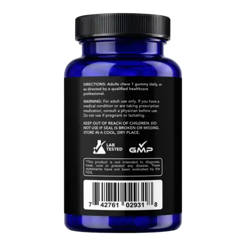 Back of NooBlue Methylene Blue Gummies bottle showing directions and product information