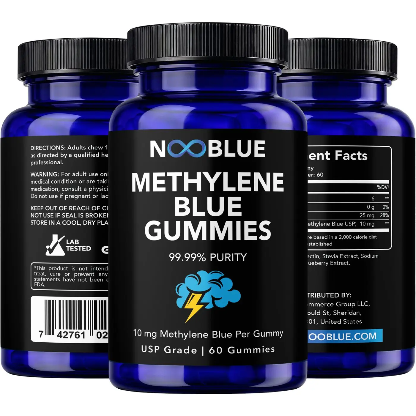 What are methylene blue gummies - NooBlue bottle front, back label and supplement facts panel showing the 10 mg dose