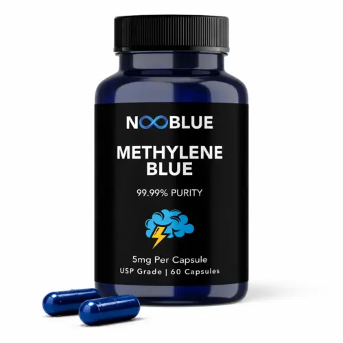 NooBlue Methylene Blue Capsules bottle with two blue capsules