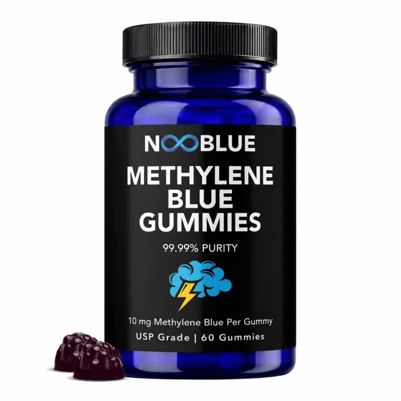 NooBlue Methylene Blue Gummies bottle with deep-purple gummies
