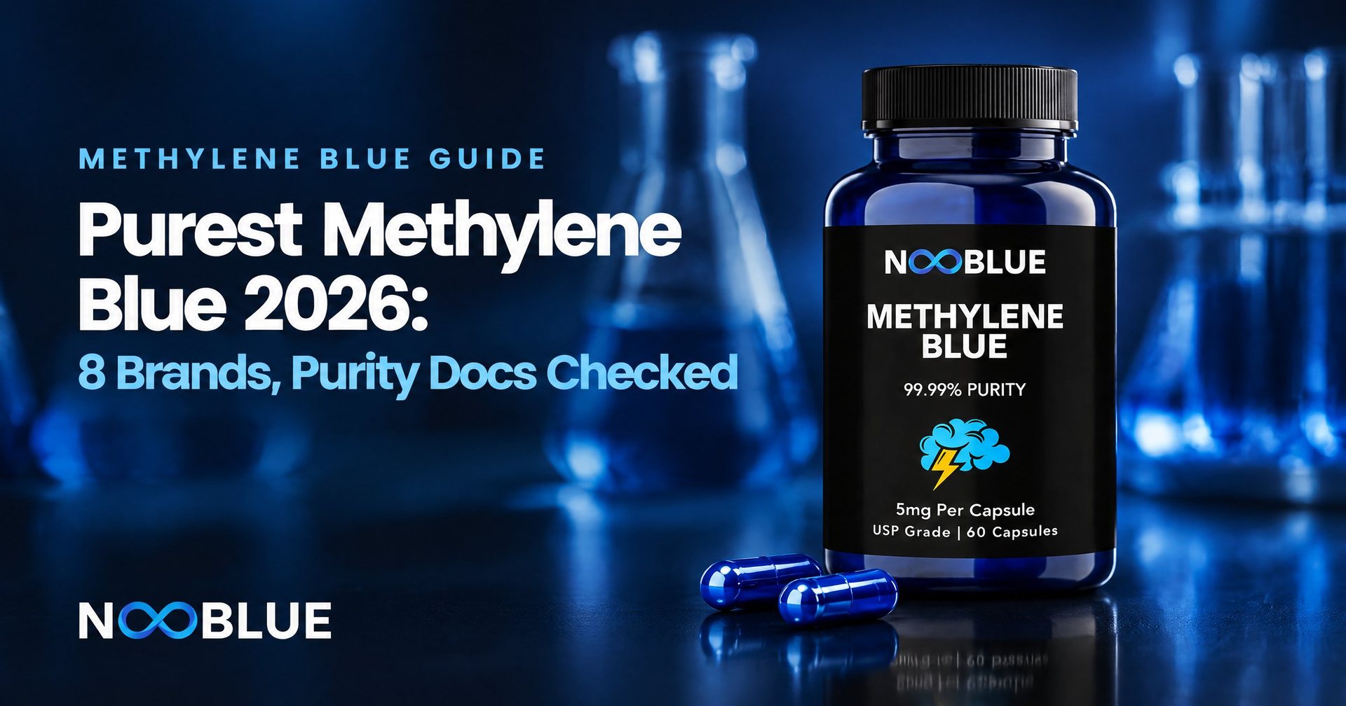 Purest Methylene Blue 2026: 8 Brands, Purity Docs Checked – NooBlue Methylene Blue Capsules 5mg bottle