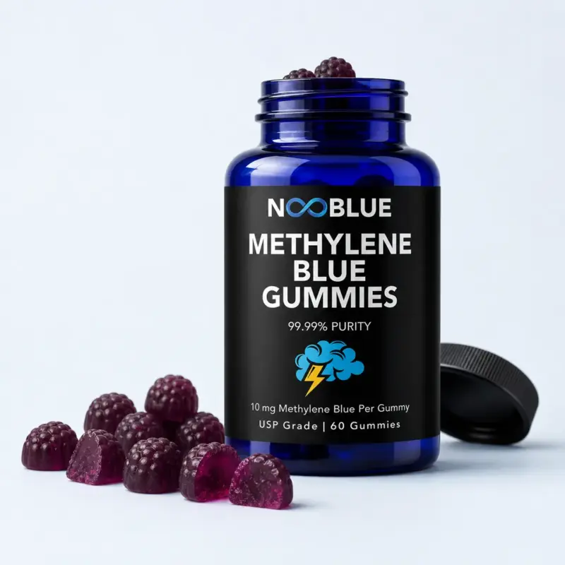 How to take methylene blue gummies: open NooBlue bottle with deep-purple 10 mg gummies