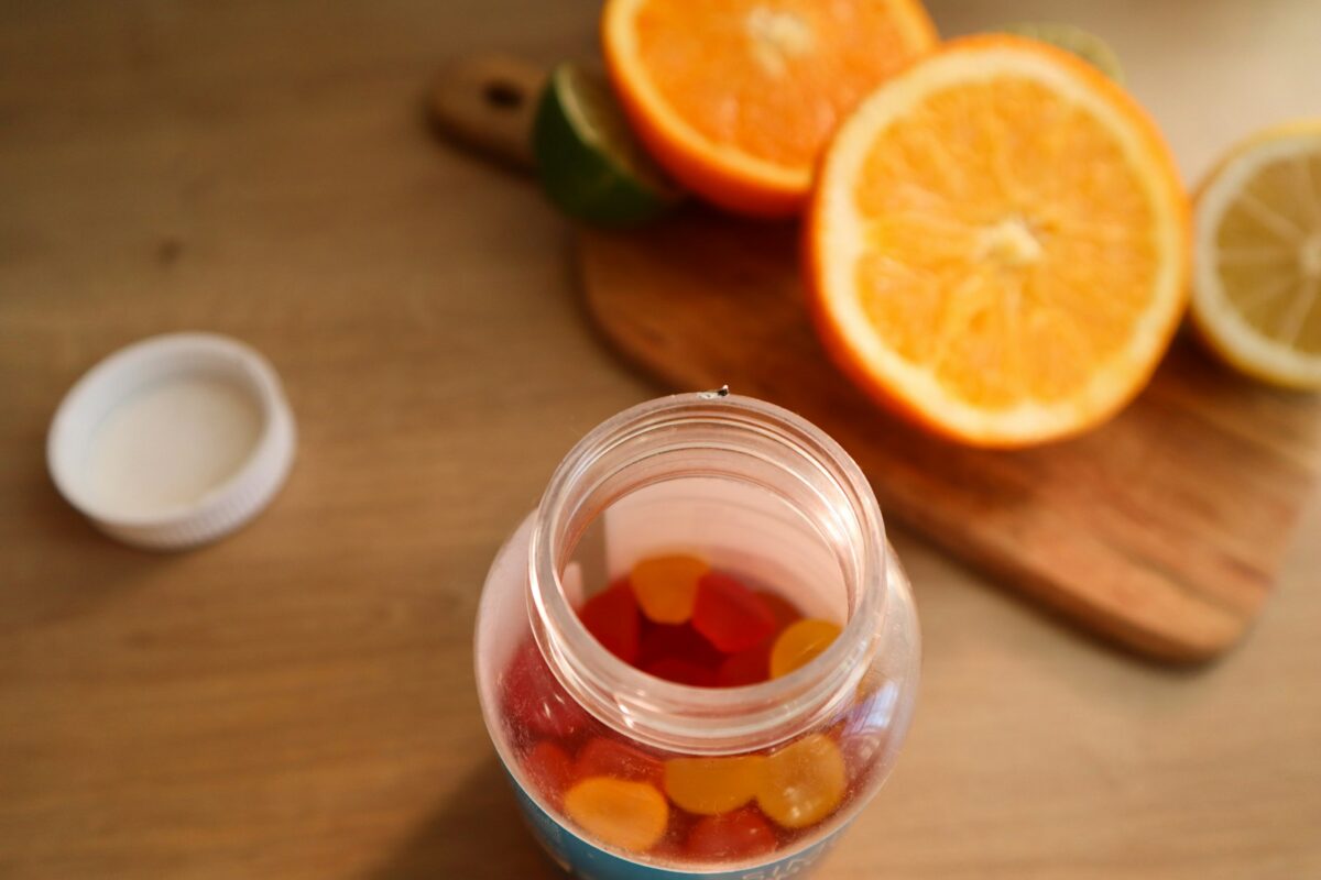 Methylene blue gummies made in USA in a supplement jar with vitamin C