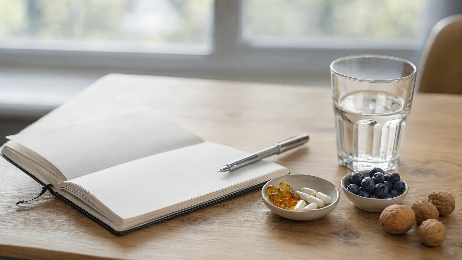 Best brain supplements: omega-3 softgels and capsules beside blueberries, walnuts and a notebook