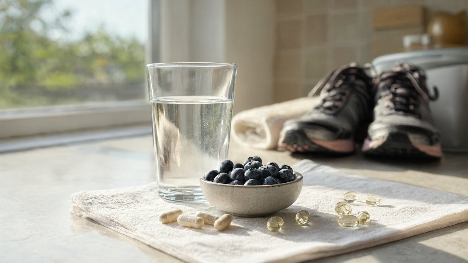 Best energy supplements: capsules, softgels, blueberries and water on a kitchen counter