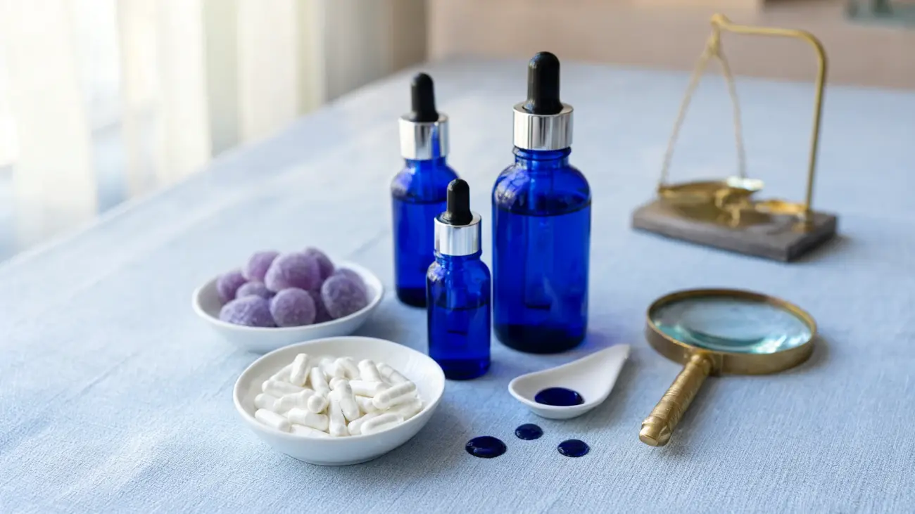 Better Life Labs methylene blue review: three blue dropper bottles, white capsules and violet gummies on a table