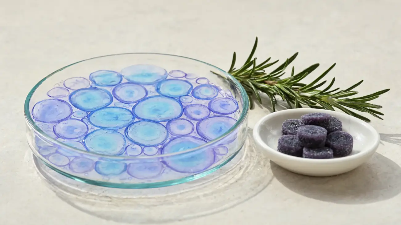 Cellular aging concept: petri dish of blue and violet cell-like spheres beside NooBlue methylene blue gummies
