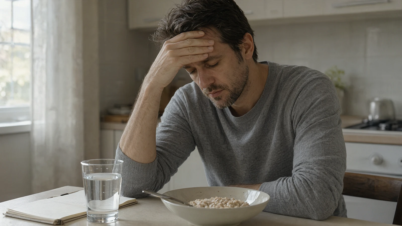 Man with extreme fatigue and brain fog resting his head in his hand at a kitchen table