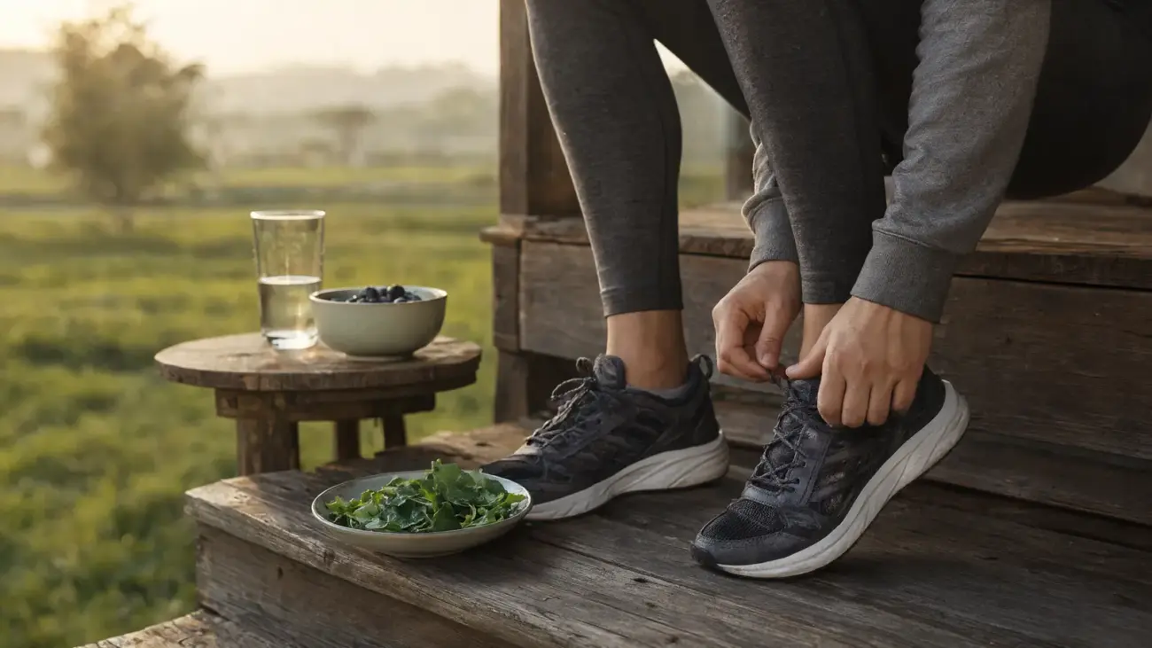 How to improve mitochondrial function: runner tying shoes beside water, blueberries and leafy greens at sunrise