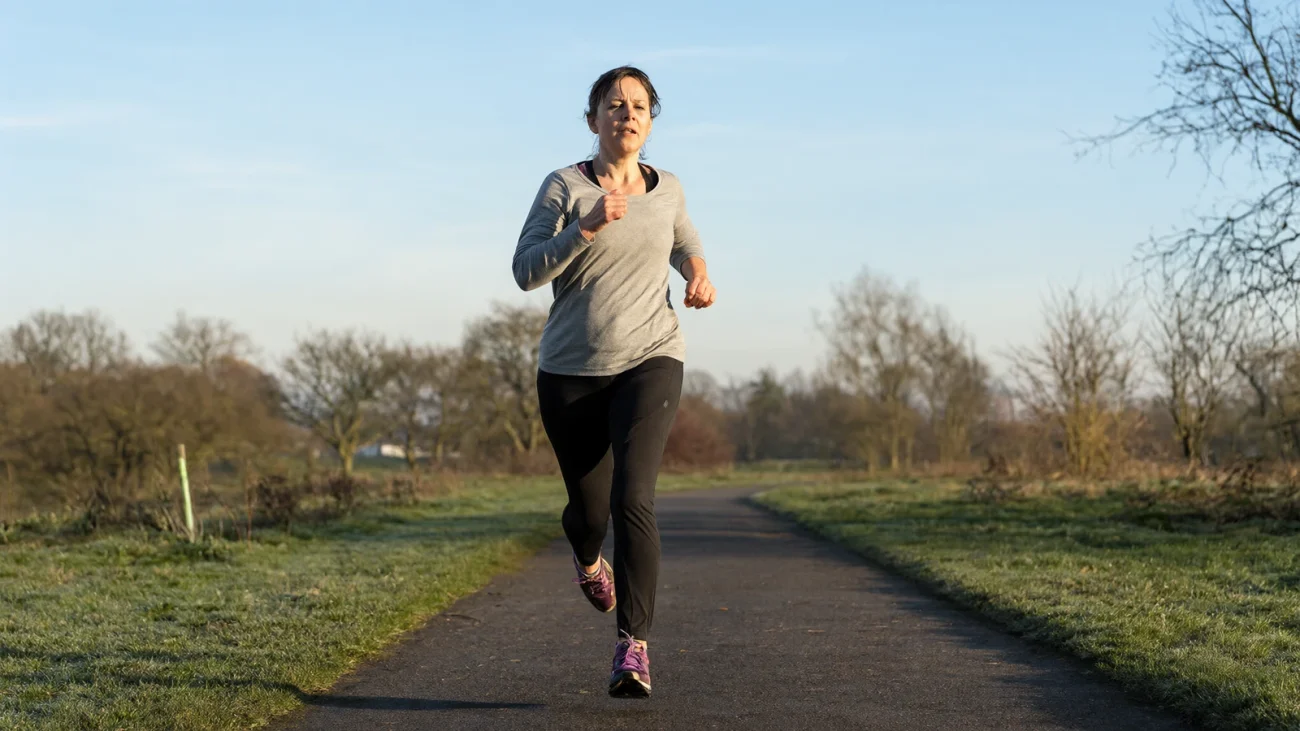 How to increase mitochondrial biogenesis: woman running interval sprints on a park path at sunrise