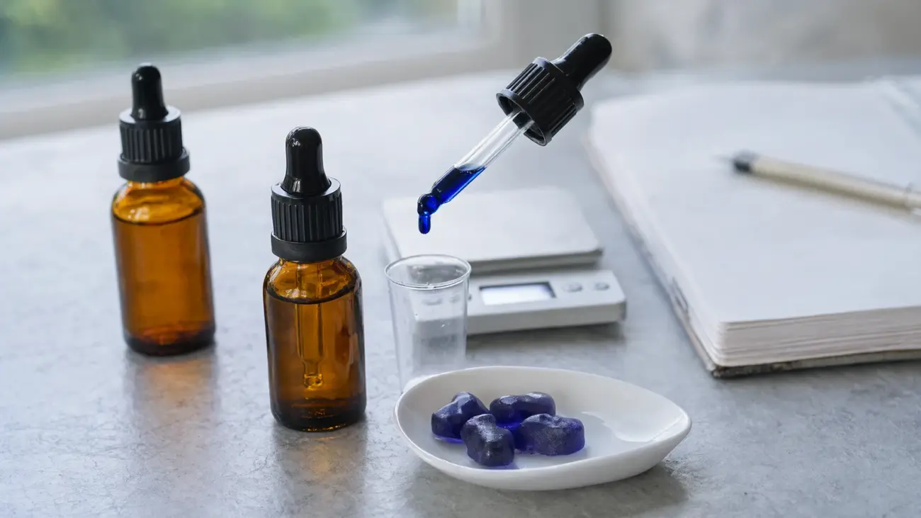 Era Organics methylene blue review: two 1% dropper bottles, a blue drop and methylene blue gummies