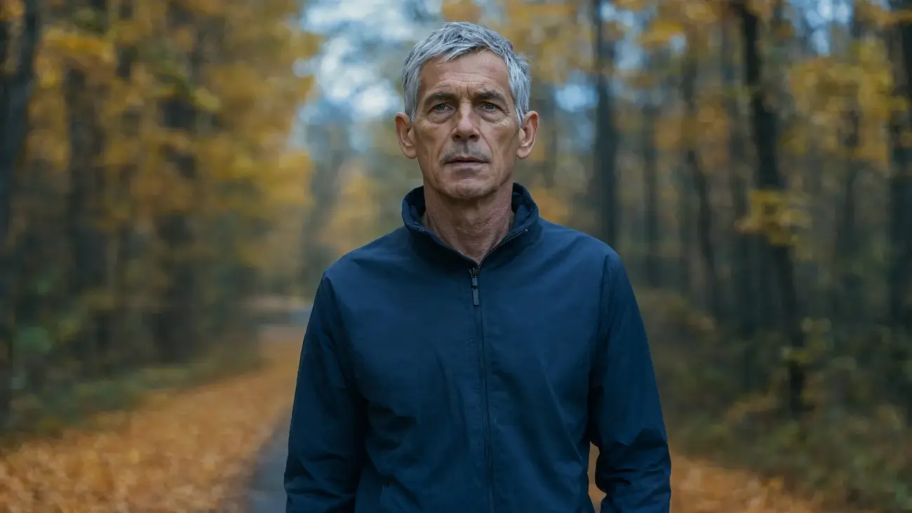 Mitochondria and aging: older man staying active on an autumn forest trail
