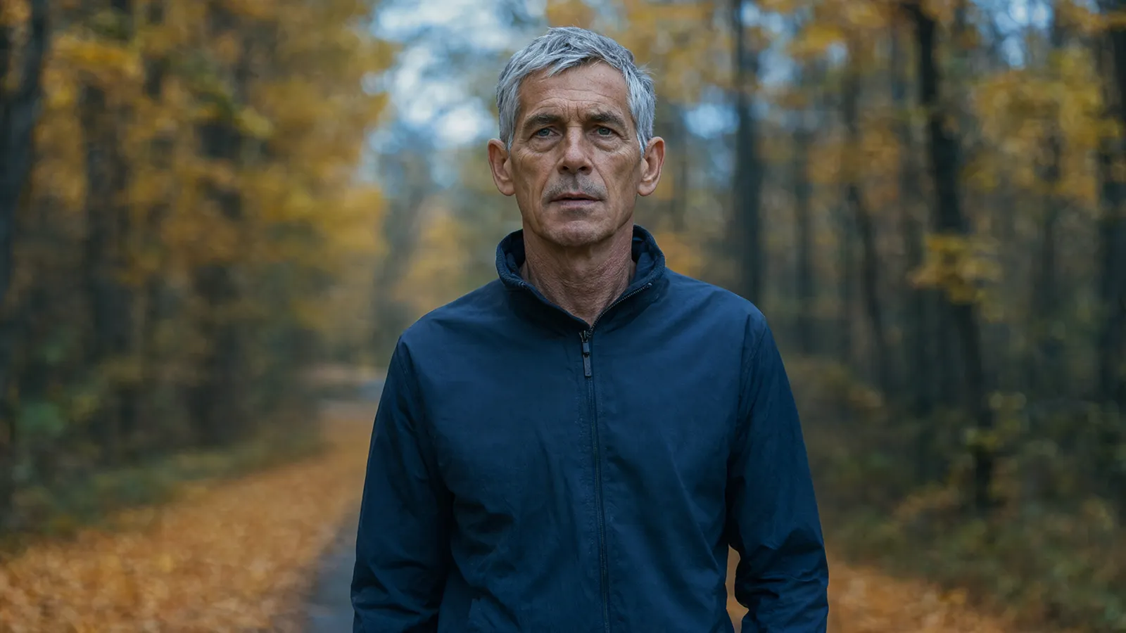 Mitochondria and aging: older man staying active on an autumn forest trail