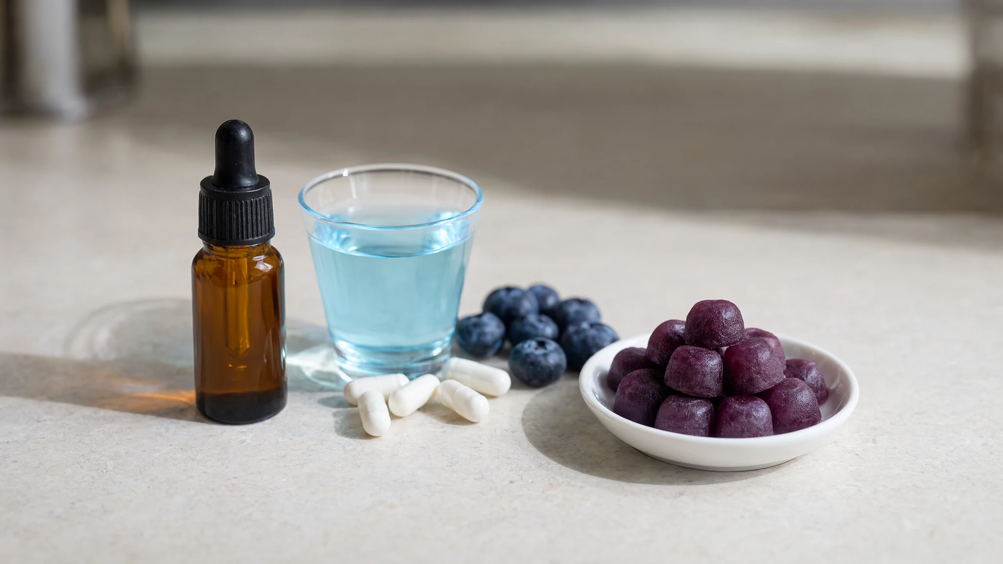 NooBlue vs Better Life Labs methylene blue: dropper bottle, gummies and capsules on a counter