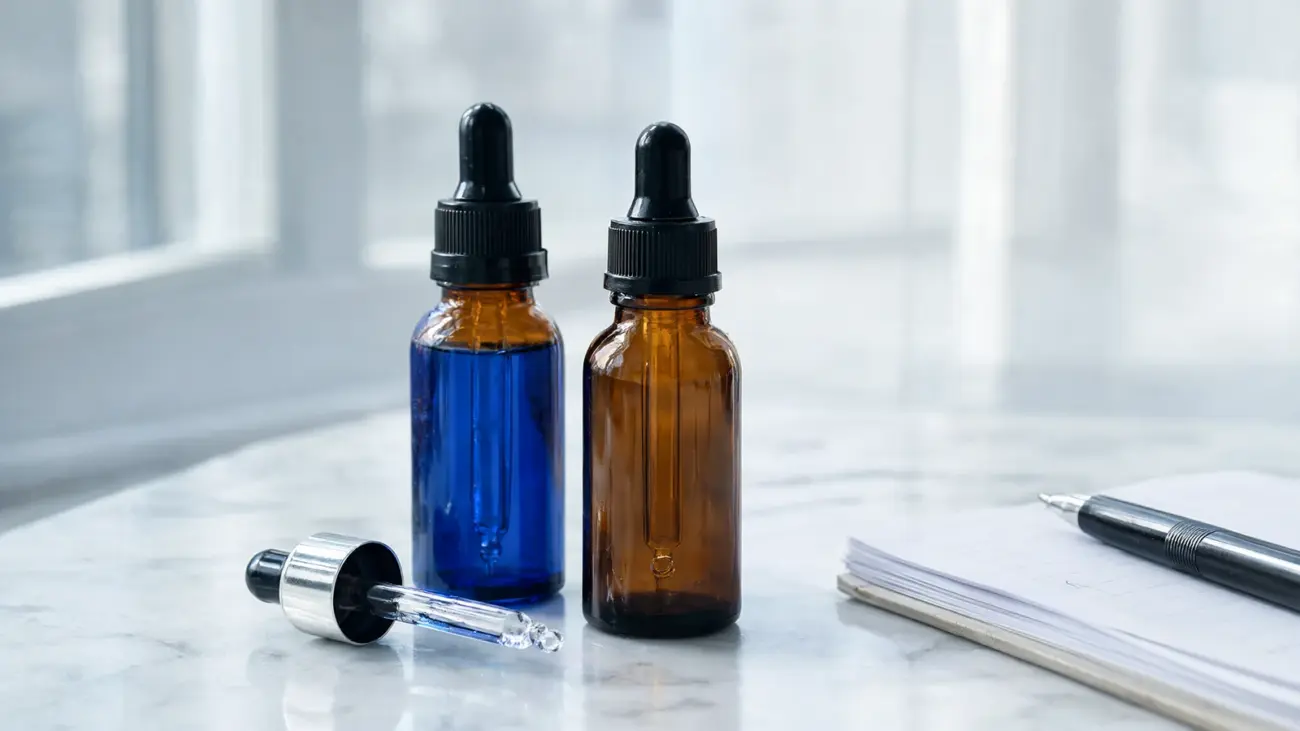 Methylene blue liquid in a glass dropper bottle beside an amber dropper bottle on white marble, with a notebook and pen