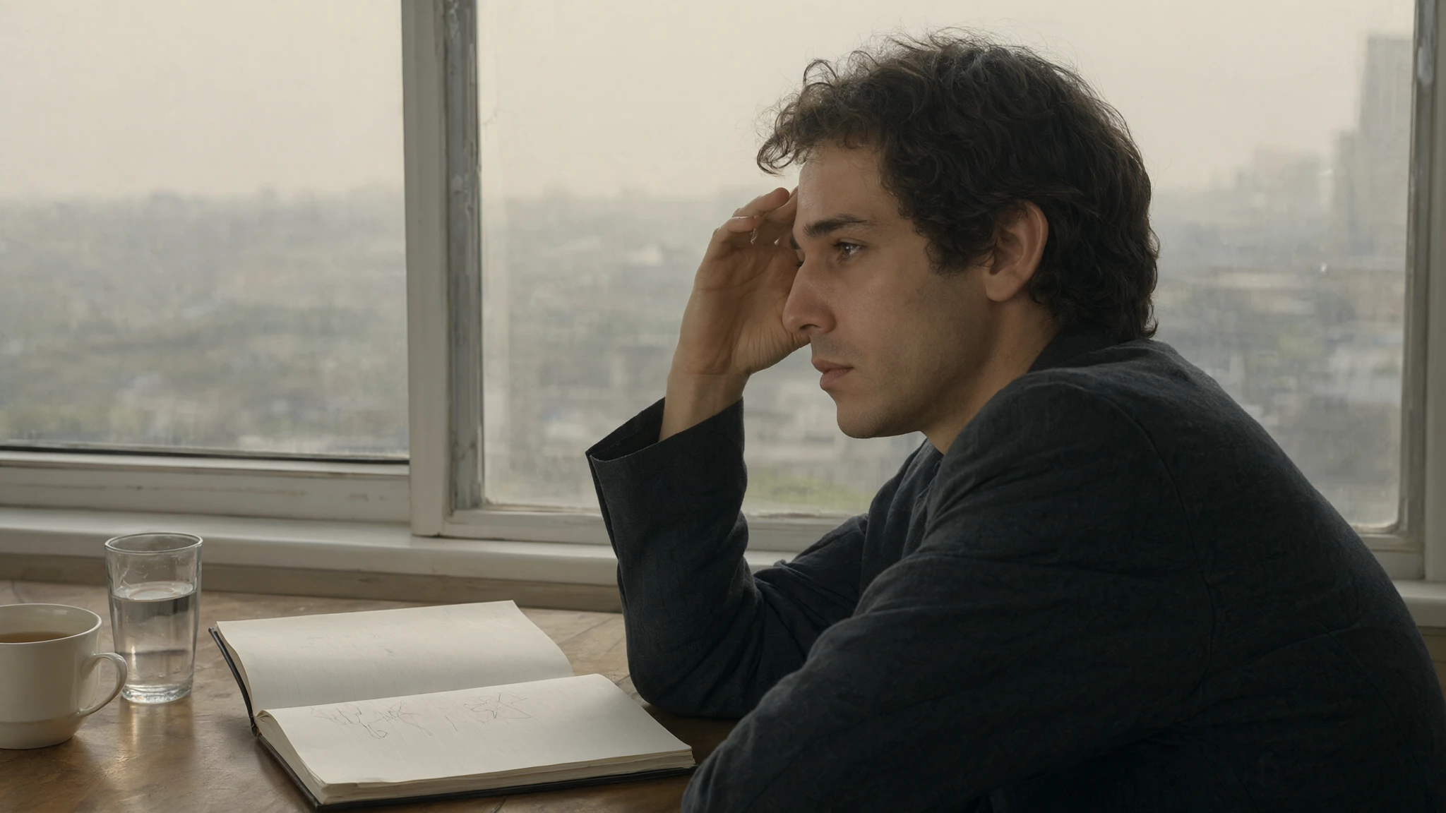 What does brain fog feel like: an adult at a desk by a hazy window holding their temple beside an open notebook